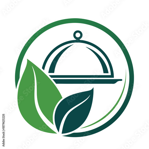 Healthy food catering and organic vegan restaurant logo design; green plant leaves with silver cloche platter icon for vegetarian nutrition service.