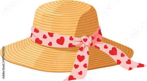 Straw Hat with Heart Ribbon Decoration.