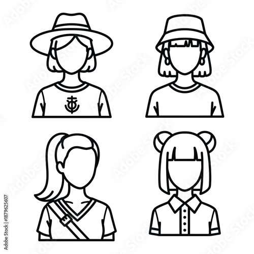 Line drawing of four women with different hairstyles and hats  simple black and white minimalist illustrations of female faces and shoulders