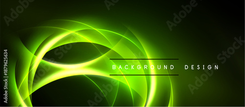 Bright green neon curves flow over dark background. Modern abstract design creates dynamic visual effect. Simple text reads background design.
