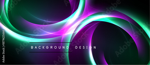Abstract background features flowing curves, vibrant colors. Purple, green, neon hues create dynamic visual effect. Modern design element.