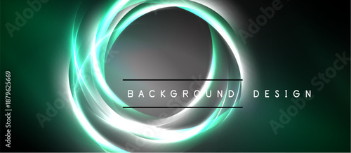 Dark background features glowing circular lines. Green hues dominate, creating futuristic visual effect. Text reads background design.