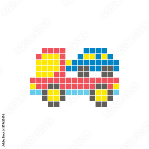 A flat pixel design made of geometric square color blocks on a clean icon layout. Pixel art car carrier truck