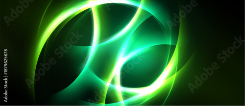 Abstract green energy swirls, luminous lines create dynamic flow. Dark background emphasizes bright shapes, modern design.