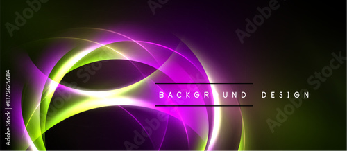 Abstract glowing lines form dynamic curves. Purple, green, yellow hues blend into dark background. Modern design element.