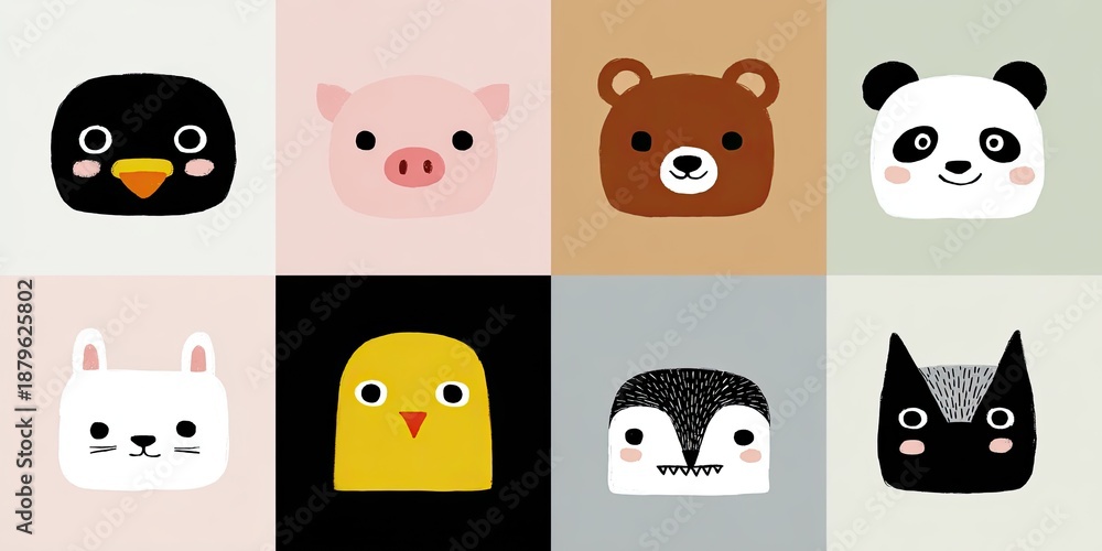 Obraz premium Eight colorful, simplified animal faces arranged in a square grid with different pastel backgrounds