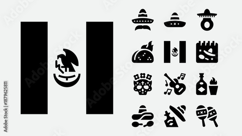 Mexico travel and landmark icons set