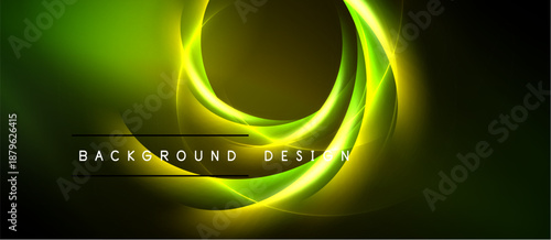 Abstract green design features swirling light shapes. Dark background contrasts bright curves, creating dynamic visual effect. Text reads background design.
