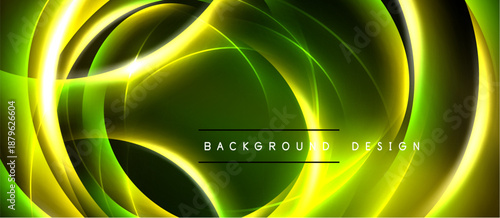 Abstract neon lines create dynamic oval shapes. Vivid green, yellow hues dominate dark background. Modern design element.
