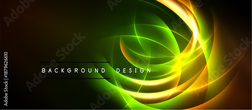 Abstract vibrant design features swirling neon lines. Green, yellow hues dominate dark background. Text reads background design.