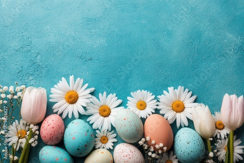 Pastel Easter Eggs with Daisies and Tulips on Textured Teal Background for Spring Season Celebration