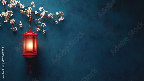 Red Lantern and Blossoming White Cherry Branches on Textured Blue Background for Festive Oriental Atmosphere
