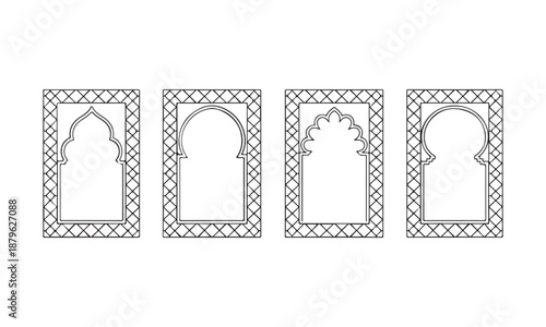 A set of four different line art outlines featuring Islamic prayer mat designs with arched patterns