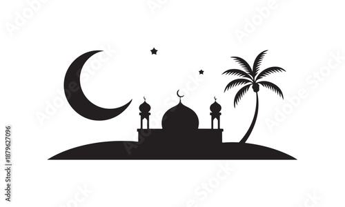 A serene black silhouette landscape featuring a mosque, palm tree, crescent moon, and stars