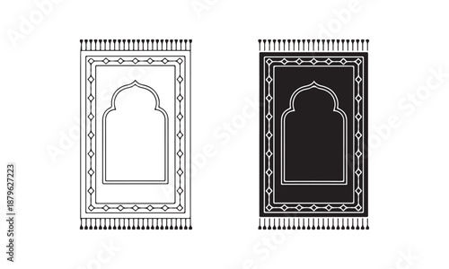 This image features two minimalist black and white prayer mat designs ready for religious observance