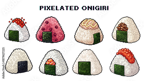 A delightful pixel art collection showcasing eight distinct Japanese onigiri, each with unique fillings and colorful toppings, presented as charming digital food illustrations
