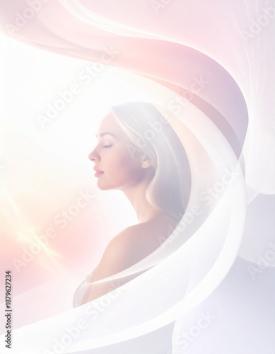 やわらかな光に包まれて目を閉じリラックスする女性のウェルネスコンセプト, AI生成画像