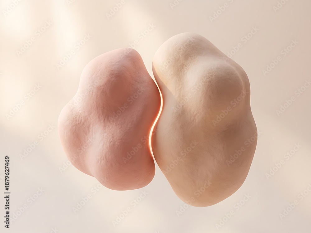 Fototapeta premium Two minimalist 3D abstract organic shapes in soft pastel pink and beige almost touching with a thin glowing light gap between them, representing connection and intimacy.