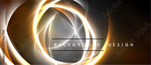 Abstract golden swirls create dynamic background. Light radiates from center, forming elegant design. Dark tones enhance luminosity.