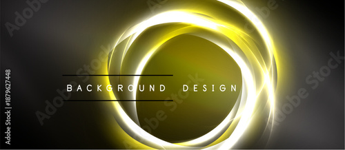 Abstract golden swirls create dynamic circular design. Dark background emphasizes bright luminosity, modern aesthetic. Text reads background design.