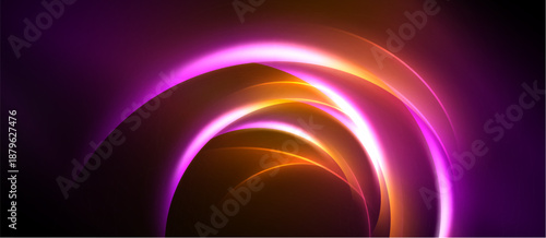 Abstract design features glowing arcs, vibrant purple, orange hues. Dramatic lighting creates dynamic visual impact. Minimalist composition.