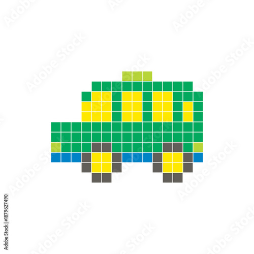 A flat pixel design made of geometric square color blocks on a clean icon layout. Pixel art minibus