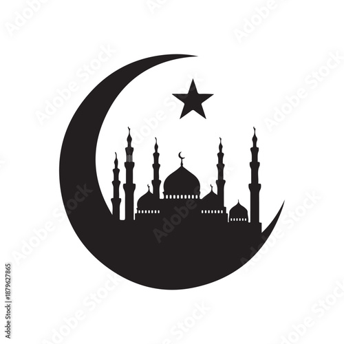 Striking silhouette of a mosque and its minarets nestled within a large crescent moon and star