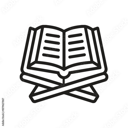 Simple black line drawing of an open book resting on a traditional wooden folding stand