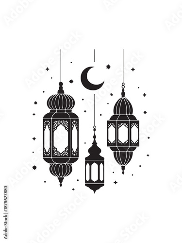 Three different ornate lanterns hang with a crescent moon and scattered stars