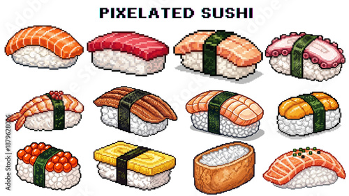 A diverse collection of pixel art sushi and sashimi illustrations, showcasing traditional Japanese delicacies for retro digital food themes and graphic design