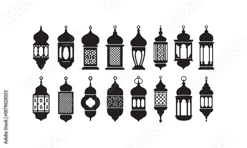 A diverse collection of traditional black Islamic lantern silhouettes with various intricate patterns