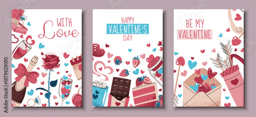 Set Of Valentine's Day Greeting Cards In Flat Style. Love Letter, Cupid's Arrows, Champagne, Cake And Sweets. Ultimate Celebration Template For Banners, Posters, Covers, Advertising And Branding.