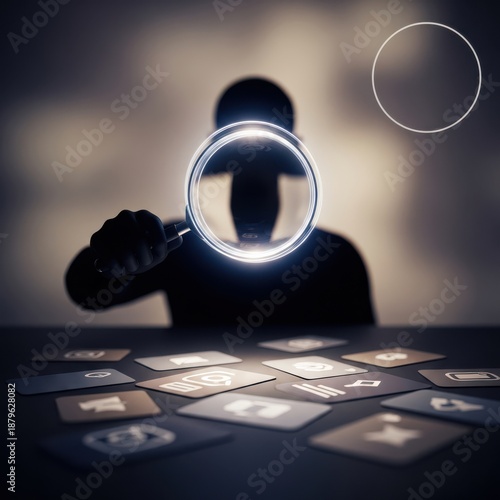 Magnifying Glass Analyzing Digital Interface Icons