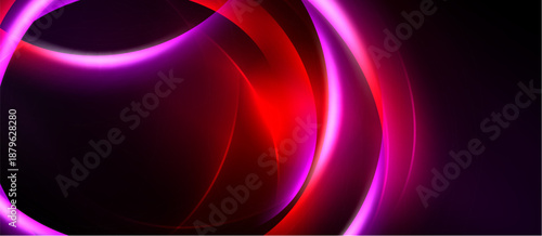 Abstract design features vibrant curves, gradients. Red, purple hues dominate dark background. Modern, dynamic visual composition.
