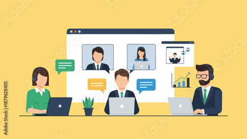 Remote Team Video Conference and Online Meeting Illustration | Business People Working Virtually and Collaborating via Video Call