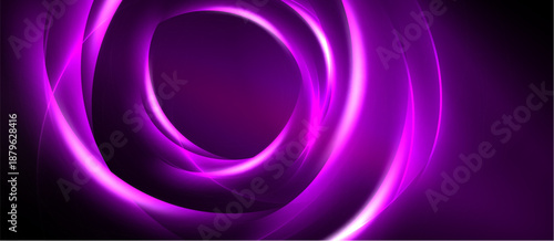 Abstract purple swirls create dynamic energy. Concentric shapes suggest movement, depth, modern design. Dark background enhances vibrant glow.