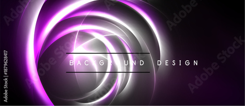 Abstract purple glowing swirls, dynamic composition. Text reads background design. Dark backdrop enhances luminosity, creating modern aesthetic.