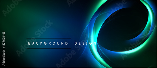Abstract dark background. Swirling neon lights create dynamic visual effect. Text reads background design. Modern, futuristic style.