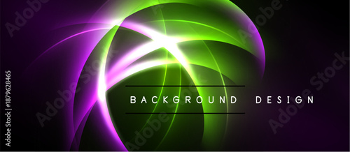 Abstract neon lights create dynamic curves, vibrant colors. Background features purple, green hues, central glow. Modern design element.