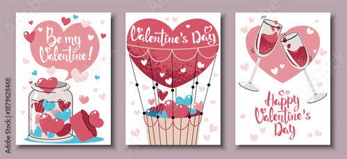 Set Of Valentine's Day Greeting Cards In Flat Style. Jar Full Of Hearts, Clinking Wine Glasses And Hot Air Balloon. Romantic Whimsy Template For Banners, Posters, Covers, Advertising And Branding