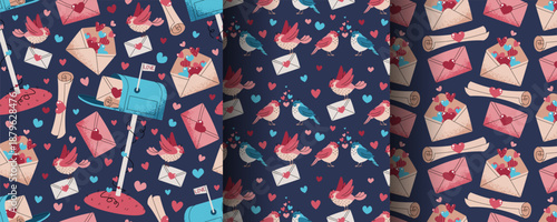 Set of Seamless Valentine's Day Patterns in Flat Style. Mail, Love Letter, Envelope, Lovebirds. Romantic Design. Perfect Texture for Gift Wrap, Wallpaper, Fabric and Packaging