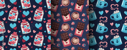 Set of Seamless Valentine's Day Patterns in Flat Style. Chocolate Bar, Jar of Hearts, Cocoa Mug with Marshmallows. Cozy Romance Design. Perfect Texture for Gift Wrap, Wallpaper, Fabric and Packaging.