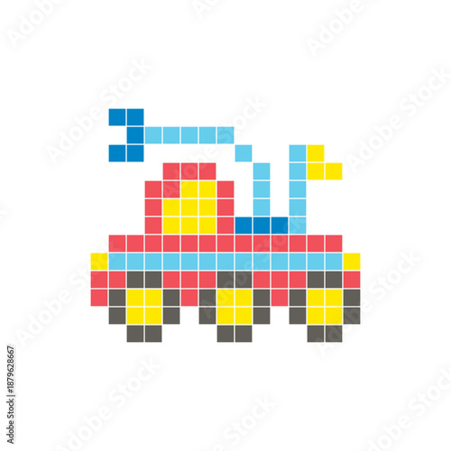 A flat pixel design made of geometric square color blocks on a clean icon layout. Pixel art space rover