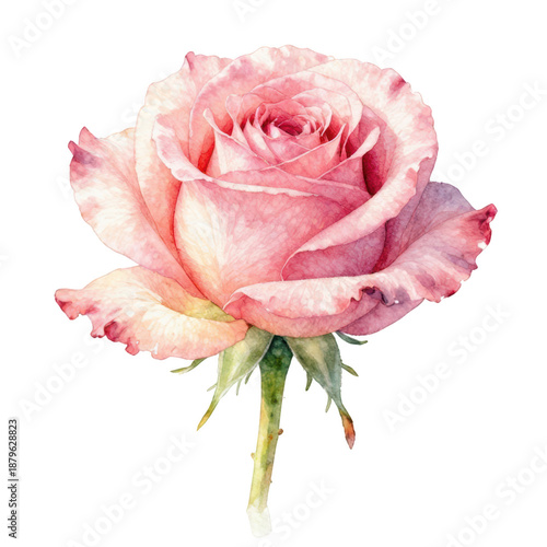 Watercolor rose flower pink rose botanical illustration romantic floral art single rose stem delicate petal detail soft pastel