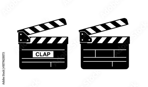 Movie clapper board icon set with open and closed film slate symbols in flat vector style