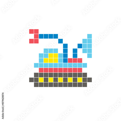 A flat pixel design made of geometric square color blocks on a clean icon layout. Pixel art space rover