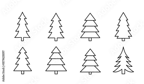 Pine and fir tree outline icon set for nature and Christmas themes