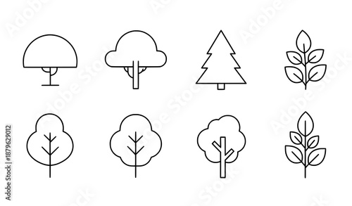 Simple tree outline icon set for nature and eco designs