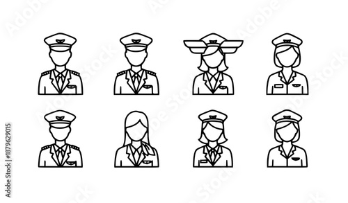 Pilot and stewardess outline icon set for airline and aviation services