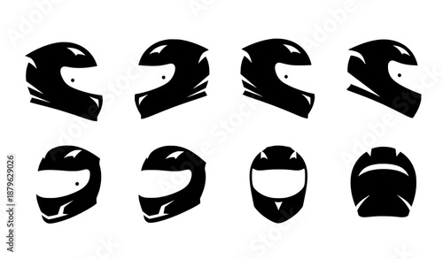 Racing motorcycle helmet silhouette icon set in solid vector style